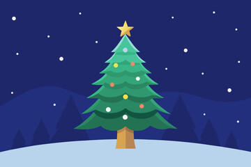 Stylized christmas tree with star and snow in winter landscape at night