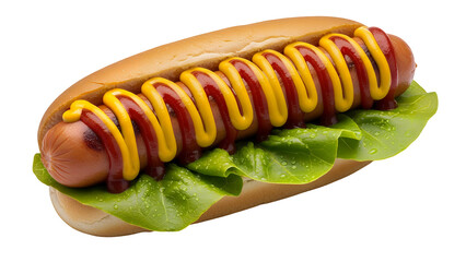 Hot dog with mustard and ketchup isolated on transparent background