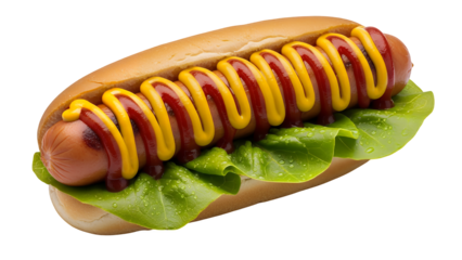 Hot dog with mustard and ketchup isolated on transparent background