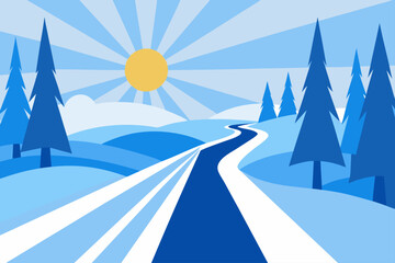 Winter landscape with road trees and sun in geometric style