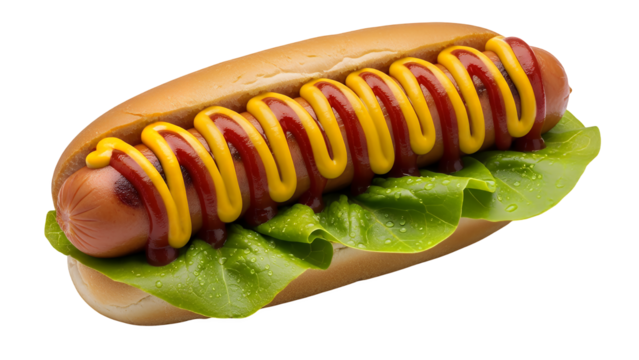 Hot dog with mustard and ketchup isolated on transparent background