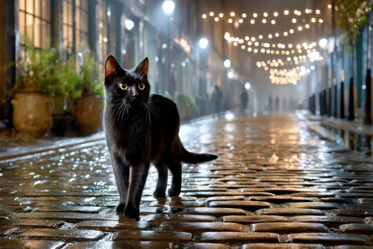 Black cat walking along cobblestone street with string lights at night - Powered by Adobe