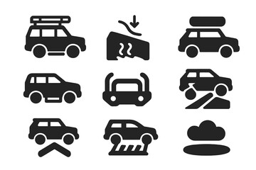 Specialized Vehicle Icons. Solid style icons of specialized vehicle mods: rooftop grip rails, low-friction hood icon, padded roof