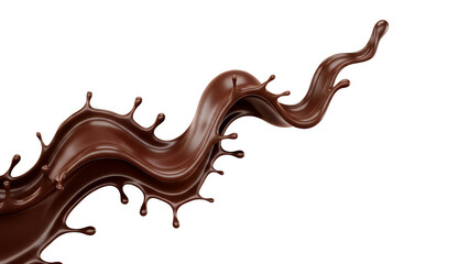 Dynamic splash of rich dark chocolate liquid forming an elegant, swirling wave with intricate droplets and smooth flow, perfectly isolated on transparent background
