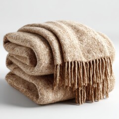 Folded Beige Throw Blanket with Fringe on White Background