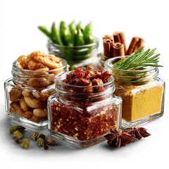 Assortment of Spices and Herbs in Glass Jars on White Background