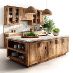 Rustic Kitchen Interior with Wooden Cabinets and Marble Countertop Island