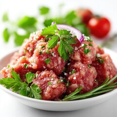 Fresh Raw Minced Meat with Herbs and Spices in a White Bowl Close Up
