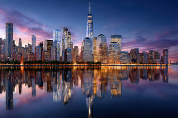 Obraz premium City Skyline at Dusk with Water Reflections