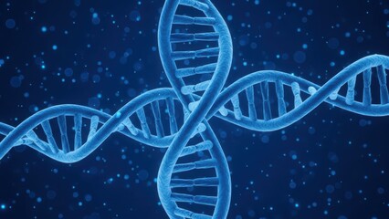 Abstract blue dna double helix structure with glowing particles in a dark background
