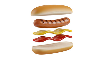 Exploded view of a hot dog with bun, sausage, ketchup, and mustard, isolated on transparent background