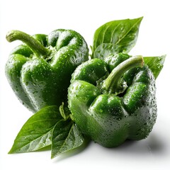 Fresh Green Bell Peppers with Water Droplets and Basil Leaves on White