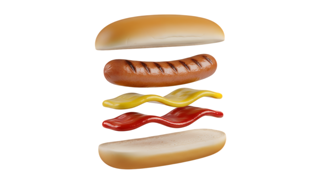 Exploded view of a hot dog with bun, sausage, ketchup, and mustard, isolated on transparent background