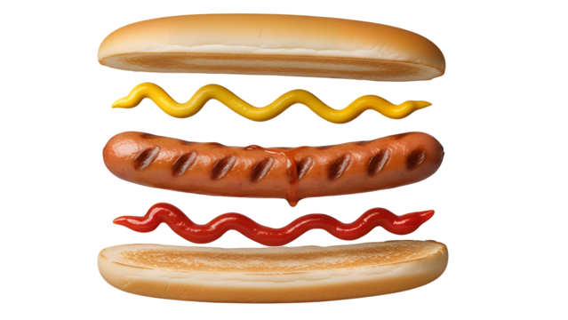 Delicious hot dog with ketchup and mustard, isolated on transparent background