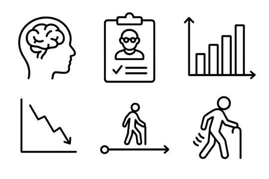 Gerontology Icon Set. Line style icons of gerontology studies: aging brain icon, senior health chart, demographic aging graph,