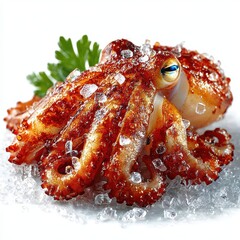 Grilled Octopus with Ice Crystals and Parsley Garnish on White Background