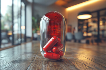 Glass jar filled with red pills.