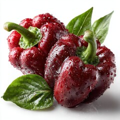 Fresh Red Bell Peppers with Water Droplets and Green Leaves on White