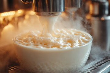 Coffee machine pours milk into cup.