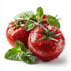 Fresh Red Tomatoes with Mint Leaves and Water Droplets on White Background