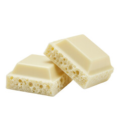 Two gourmet white chocolate squares, smooth reflective tops, craggy broken edges, creamy ivory hue, isolated on transparent studio background with copy space, concept of gourmet confectionery