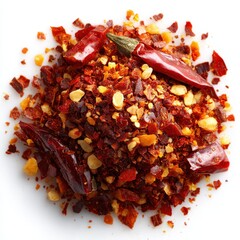 Pile of Dried Red Chili Flakes and Peppers on White Background