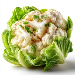 Fresh Cauliflower Head with Green Leaves and Parsley Garnish on White