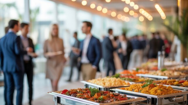 corporate networking event with buffet spread business professionals mingle interact over food drinks in modern office setting blurred background emphasizes social gathering teamwork company