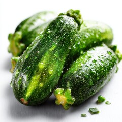 Freshly Washed Green Zucchini Squash on White Background, Close-up