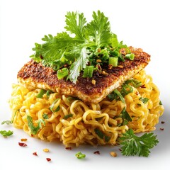 Gourmet Ramen Noodle Dish with Crispy Fish and Fresh Herbs