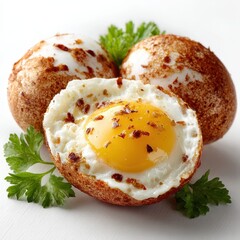 Gourmet Fried Eggs with Crispy Edges and Parsley Garnishes on White