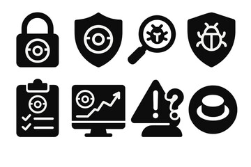 DAO Security Icons. Solid style icons of DAO security mechanisms: multisig lock icon, DAO firewall shield, DAO threat scan icon.