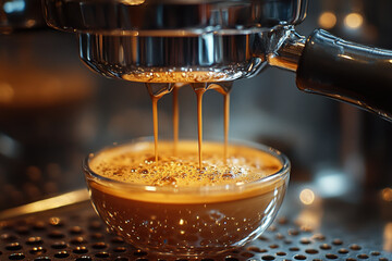Coffee machine pouring coffee into a cup.