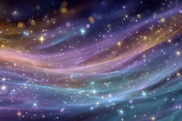Abstract space cloudscape with shimmering golden light, a beautiful galaxy of nebulous colors in the evening sky