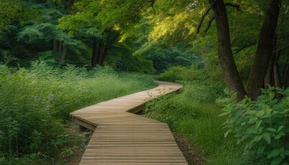 Wooden trail in a forest glade serving as an outdoor recreational pathway, seasonal change awareness day
