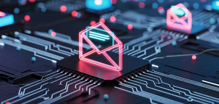 Open email icon with glowing neon lines displays digital message on tech circuit board. Concept shows online communication, information transfer, data flow. Electronic mail, newsletter marketing