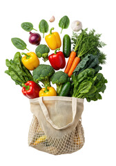 Woven, eco-friendly beige reusable bag overflowing with vibrant organic vegetables on transparent studio background with creamy bokeh, sustainable healthy living concept