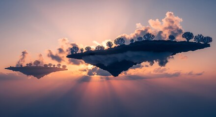 Magical floating islands at sunset inspire otherworldly travel adventures and fantasy book covers, creating a sense of wonder and escapism