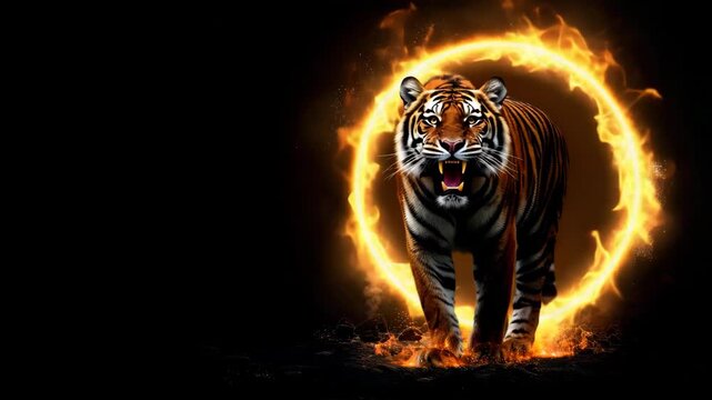 Tiger emerging from flames in action  