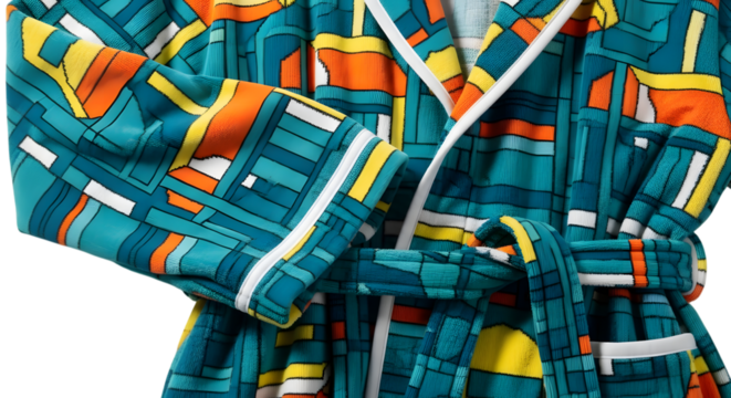 Closeup of a colorful patterned bathrobe isolated on white background