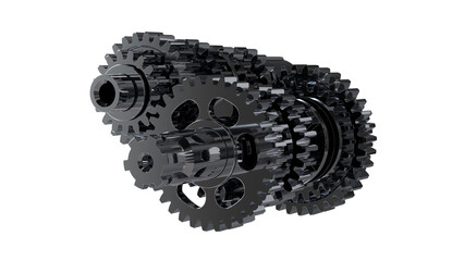 Compact assembly of interlocking dark gears in multi-stage configuration. Dense mechanical layout emphasizes torque modulation, transmission logic, and industrial engineering precision.