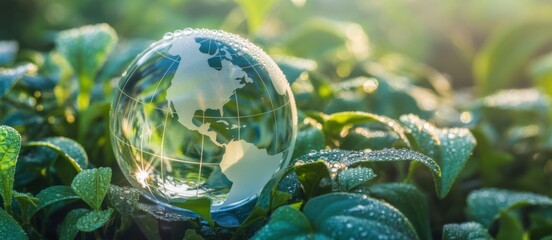 A drop of water, transformed into a fragile globe amid green shoots, reflects global ecological vulnerability — the perfect atmospheric backdrop for presentations on climate challenges.