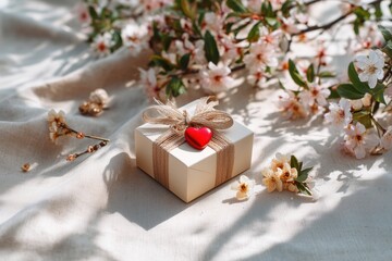 Gift box wrapped with ribbon and heart decoration among blooming flowers on soft fabric in a serene setting. Concept of Saint Valentine Day and 8 Mart celebration.