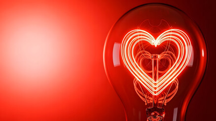 Glowing heart shaped filament inside vintage edison light bulb on red background