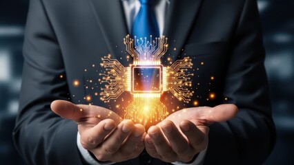 Businessman holding glowing microchip with digital circuits and energy sparks in his hands
