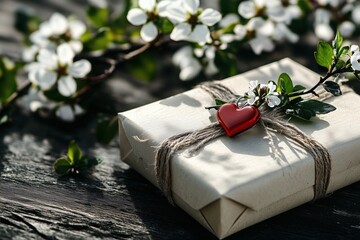 Gift wrapped in simple brown paper with a red heart charm and spring blossoms on a wooden table. Concept of Saint Valentine Day and 8 Mart celebration.