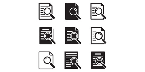 Document with magnifying glass icon in black silhouette, Set of research, report, search paper document icons. Data analysis icons. Document icons with magnifying glass in various style.