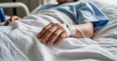 Fototapeta premium Hands, senior person and iv drip in hospital bed for nutrition, liquid medicine and surgery recovery. Closeup, elderly patient and fluid for medical treatment, healthcare and healing from operation