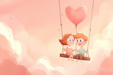 Couple swinging on cloud with heart, celebrating romance