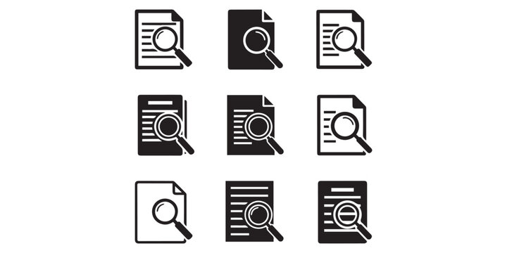 Document with magnifying glass icon in black silhouette, Set of research, report, search paper document icons. Data analysis icons. Document icons with magnifying glass in various style.